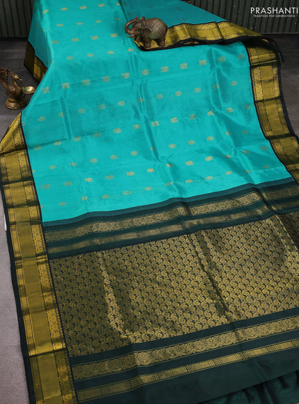 Kuppadam silk cotton saree teal blue and dark green with zari woven buttas and zari woven border