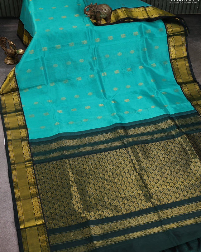 Kuppadam silk cotton saree teal blue and dark green with zari woven buttas and zari woven border