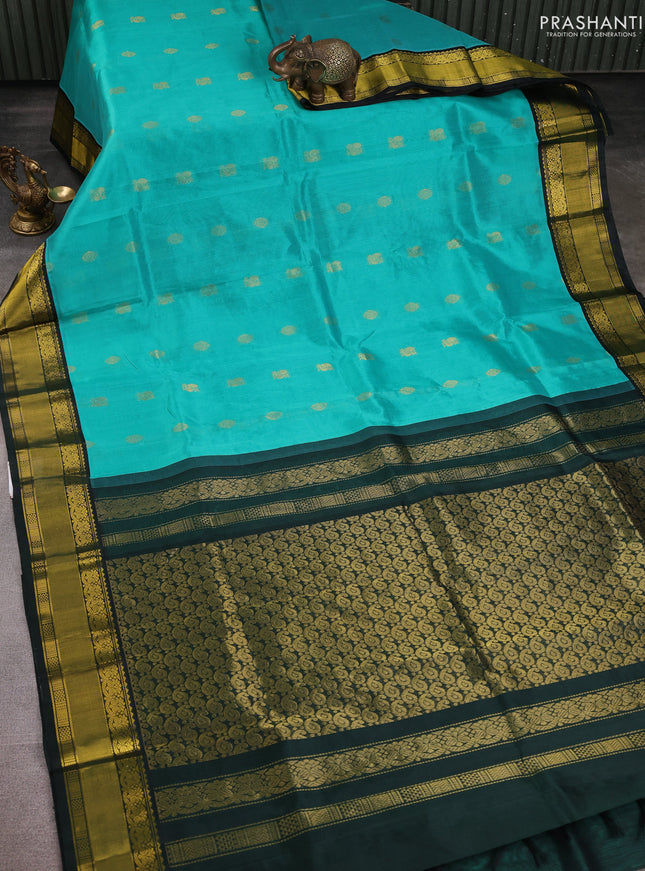 Kuppadam silk cotton saree teal blue and dark green with zari woven buttas and zari woven border