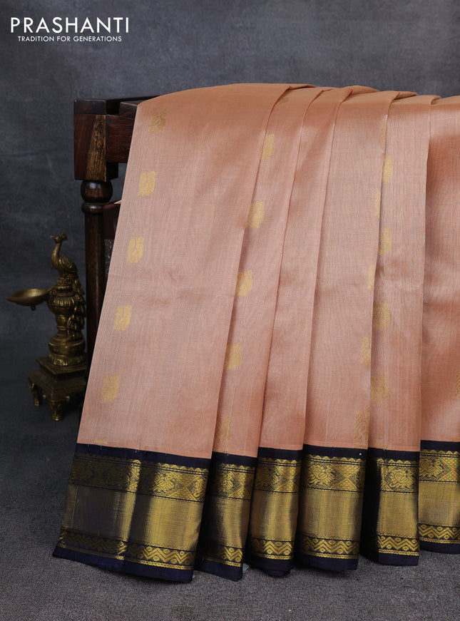 Kuppadam silk cotton saree sandal and navy blue with annam zari woven buttas and zari woven border