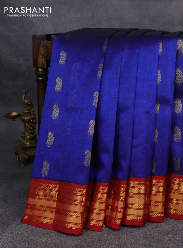 Kuppadam silk cotton saree blue and maroon with paisley zari woven buttas and zari woven border