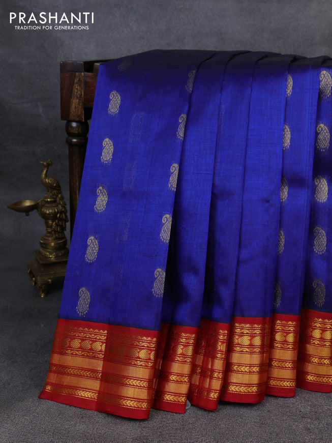 Kuppadam silk cotton saree blue and maroon with paisley zari woven buttas and zari woven border