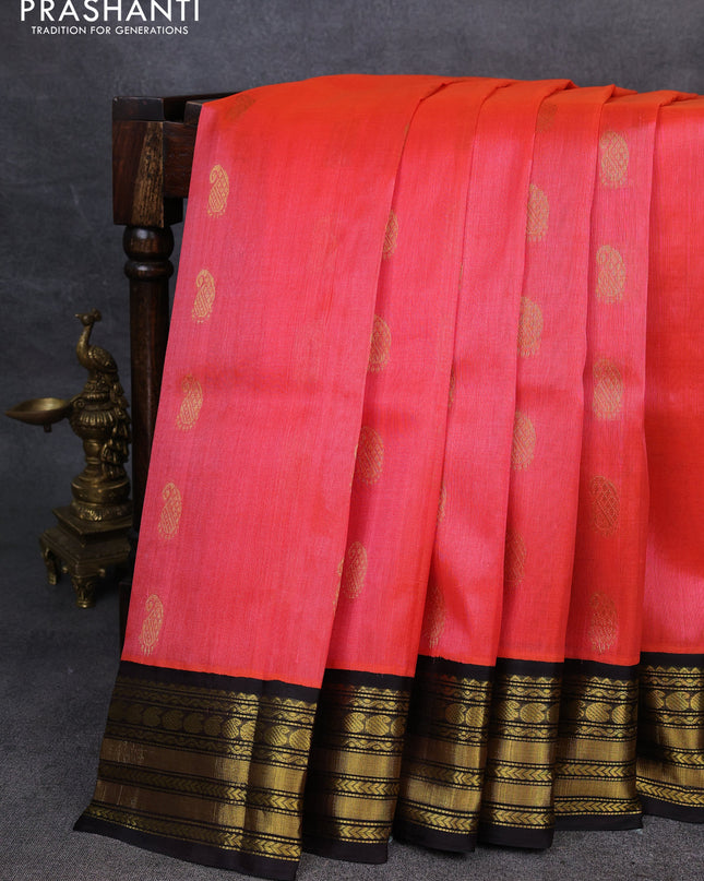 Kuppadam silk cotton saree candy pink and black with paisley zari woven buttas and zari woven border