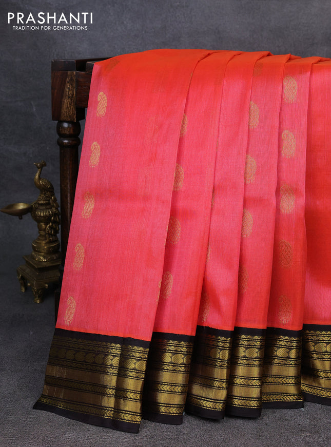 Kuppadam silk cotton saree candy pink and black with paisley zari woven buttas and zari woven border