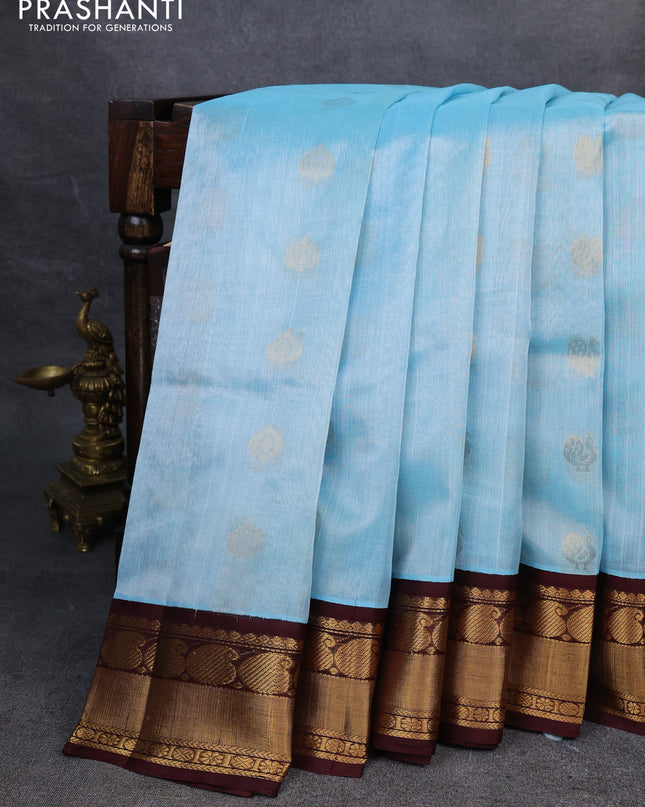 Kuppadam silk cotton saree light blue and deep maroon with annam zari woven buttas and zari woven border