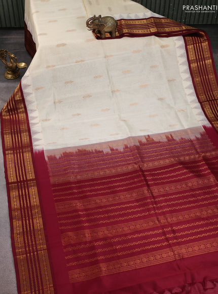 Kuppadam silk cotton saree cream and maroon with zari woven buttas and temple design zari woven border