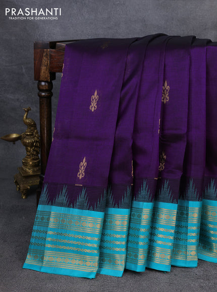 Kuppadam silk cotton saree violet and teal blue with zari woven buttas and temple design zari woven border