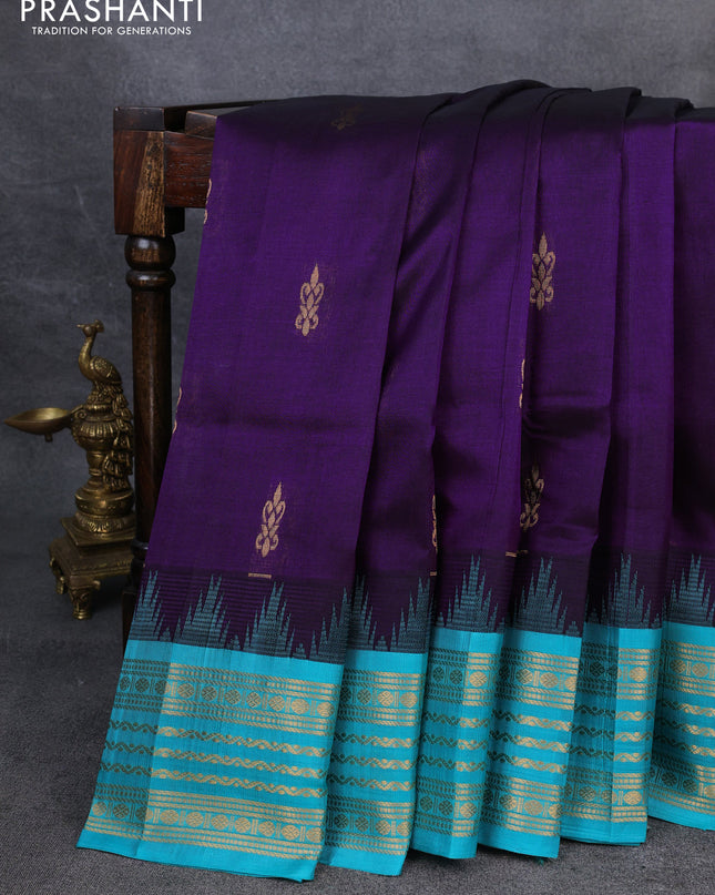 Kuppadam silk cotton saree violet and teal blue with zari woven buttas and temple design zari woven border