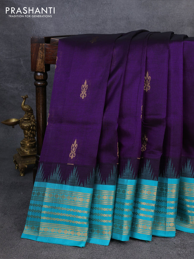Kuppadam silk cotton saree violet and teal blue with zari woven buttas and temple design zari woven border