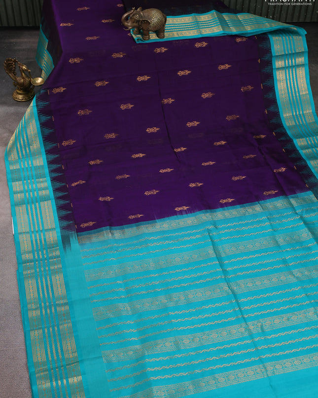 Kuppadam silk cotton saree violet and teal blue with zari woven buttas and temple design zari woven border