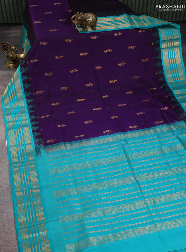 Kuppadam silk cotton saree violet and teal blue with zari woven buttas and temple design zari woven border