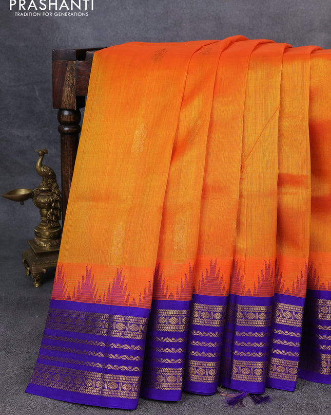 Kuppadam silk cotton saree orange and blue with zari woven buttas and temple design zari woven border