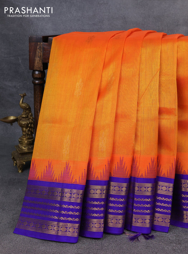 Kuppadam silk cotton saree orange and blue with zari woven buttas and temple design zari woven border