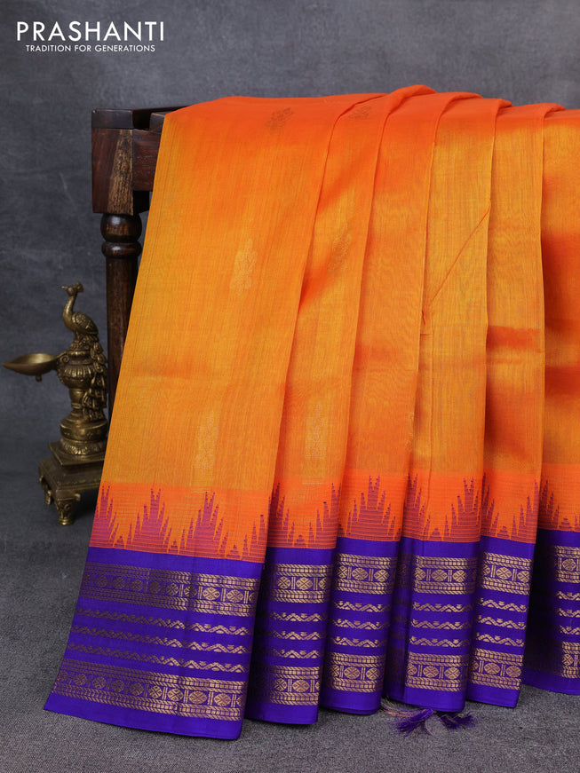 Kuppadam silk cotton saree orange and blue with zari woven buttas and temple design zari woven border