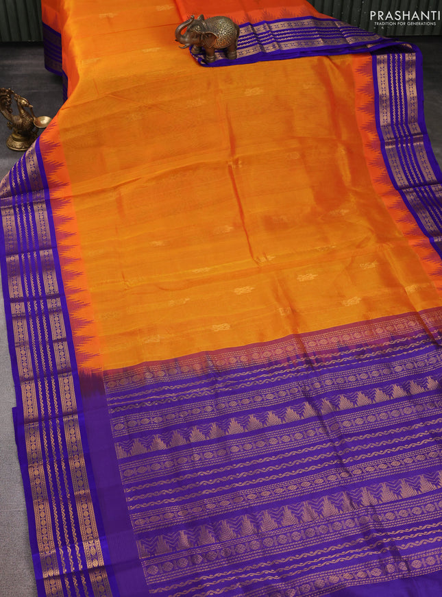 Kuppadam silk cotton saree orange and blue with zari woven buttas and temple design zari woven border