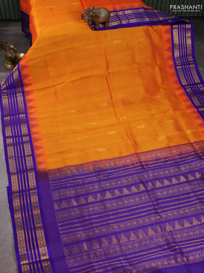 Kuppadam silk cotton saree orange and blue with zari woven buttas and temple design zari woven border