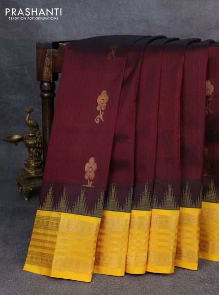 Kuppadam silk cotton saree deep maroon and yellow with zari woven buttas and temple design zari woven border