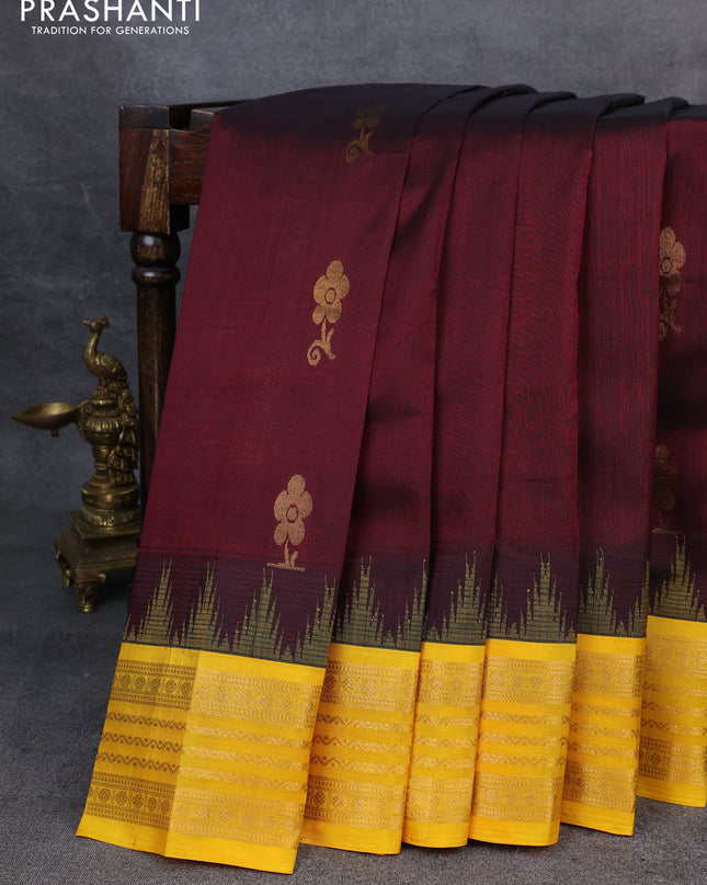 Kuppadam silk cotton saree deep maroon and yellow with zari woven buttas and temple design zari woven border