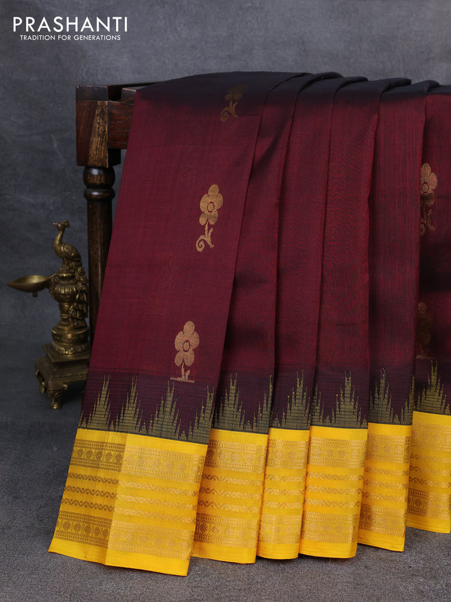 Kuppadam silk cotton saree deep maroon and yellow with zari woven buttas and temple design zari woven border