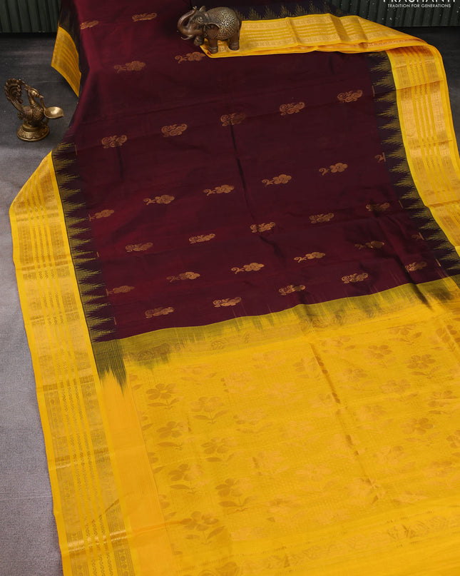 Kuppadam silk cotton saree deep maroon and yellow with zari woven buttas and temple design zari woven border