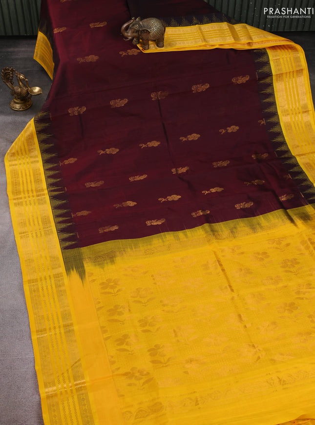 Kuppadam silk cotton saree deep maroon and yellow with zari woven buttas and temple design zari woven border