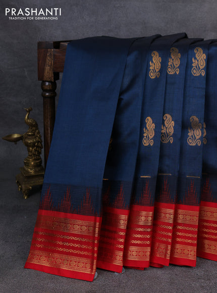 Kuppadam silk cotton saree peacock blue and red with zari woven buttas and temple design zari woven border