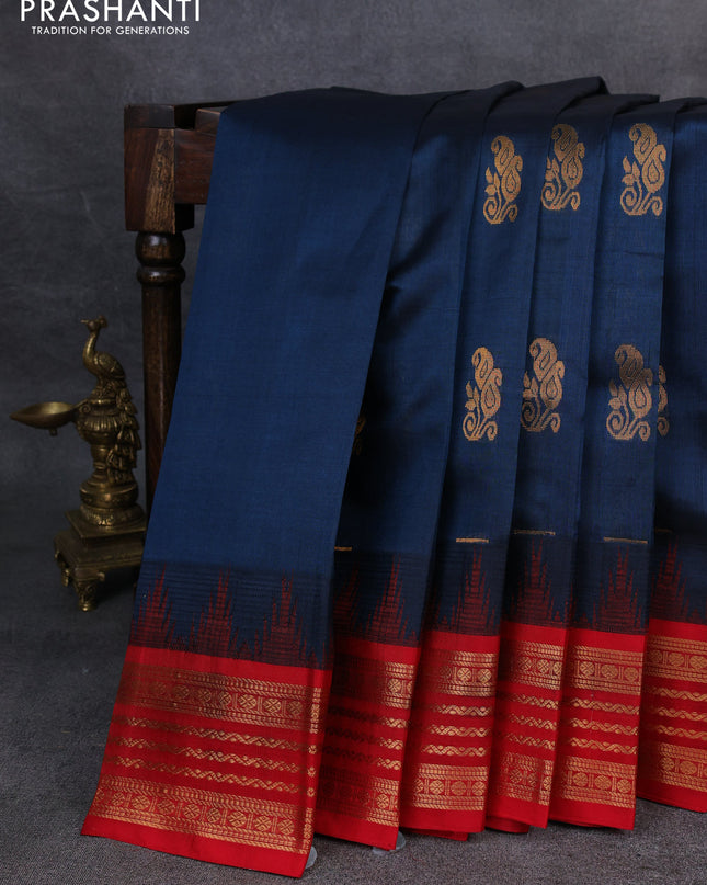 Kuppadam silk cotton saree peacock blue and red with zari woven buttas and temple design zari woven border