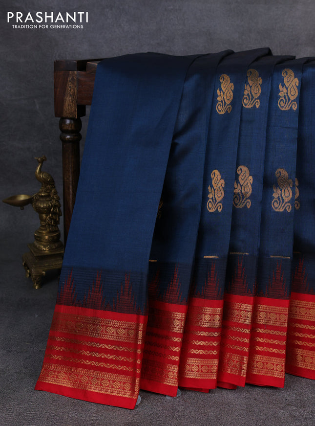 Kuppadam silk cotton saree peacock blue and red with zari woven buttas and temple design zari woven border