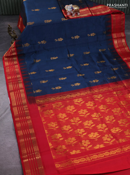 Kuppadam silk cotton saree peacock blue and red with zari woven buttas and temple design zari woven border