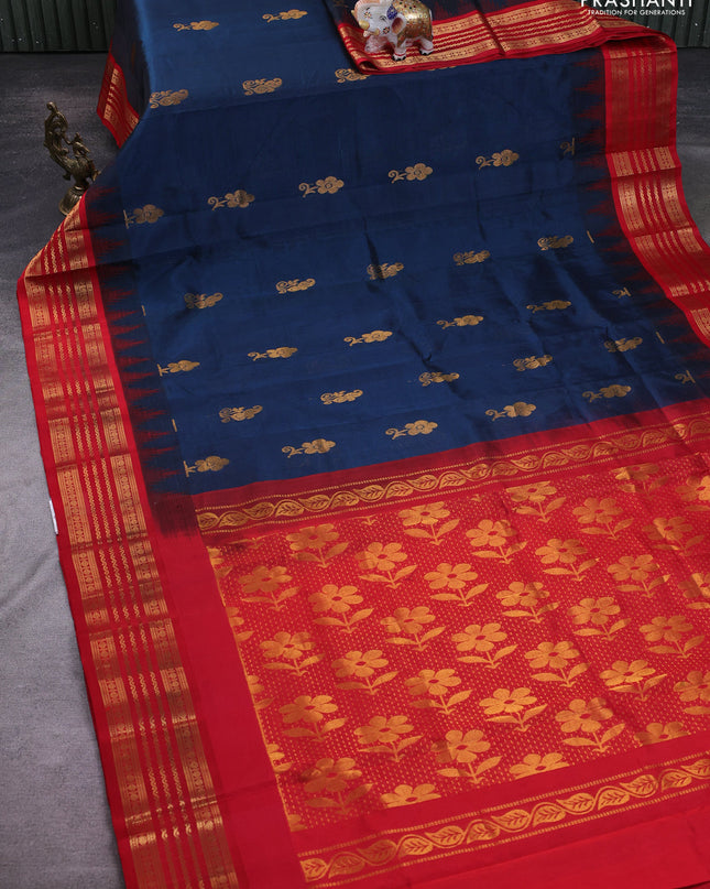 Kuppadam silk cotton saree peacock blue and red with zari woven buttas and temple design zari woven border