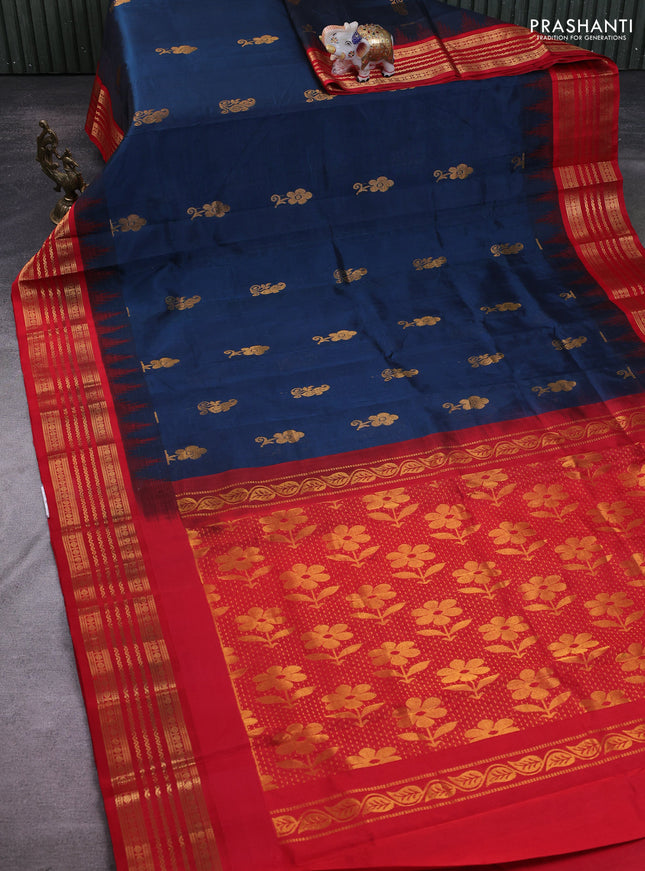 Kuppadam silk cotton saree peacock blue and red with zari woven buttas and temple design zari woven border