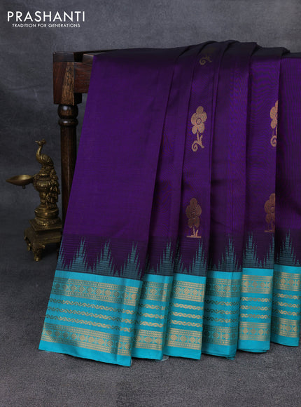 Kuppadam silk cotton saree blue and teal blue with zari woven buttas and temple design zari woven border