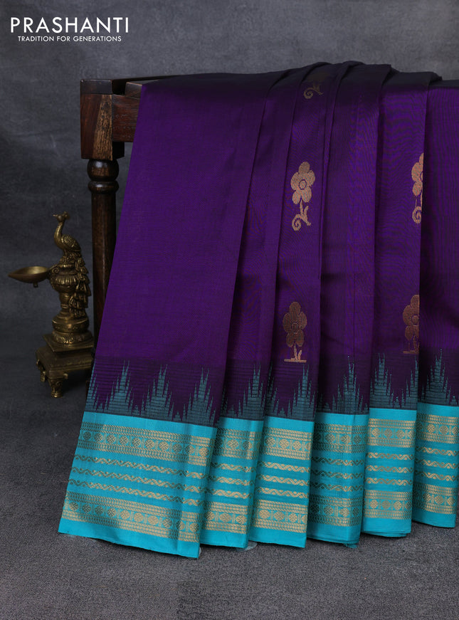 Kuppadam silk cotton saree blue and teal blue with zari woven buttas and temple design zari woven border