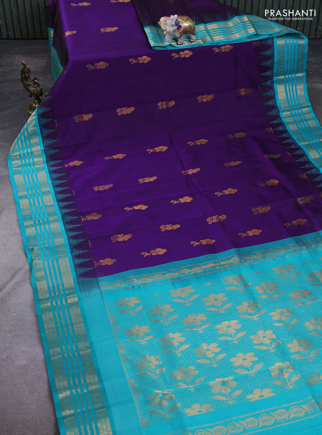Kuppadam silk cotton saree blue and teal blue with zari woven buttas and temple design zari woven border