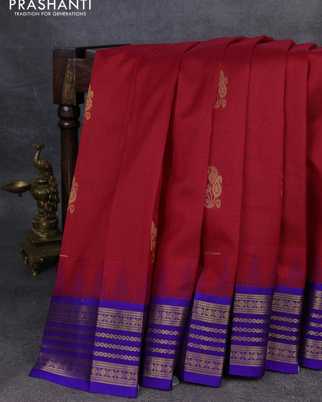 Kuppadam silk cotton saree red and blue with zari woven buttas and temple design zari woven border