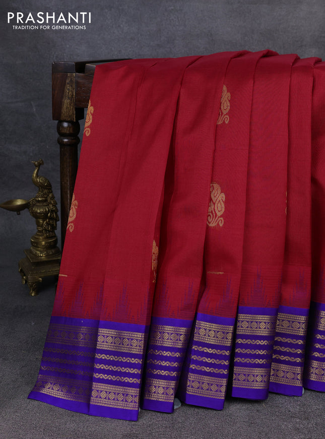 Kuppadam silk cotton saree red and blue with zari woven buttas and temple design zari woven border