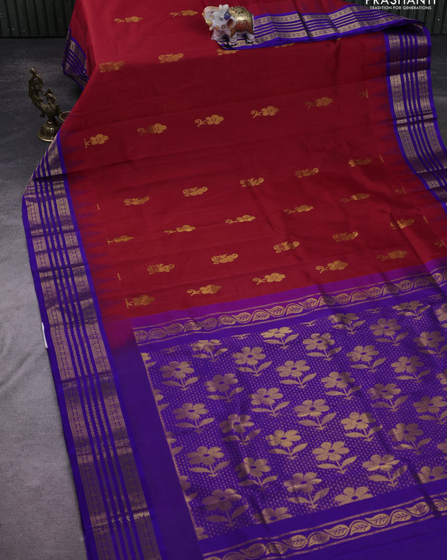 Kuppadam silk cotton saree red and blue with zari woven buttas and temple design zari woven border