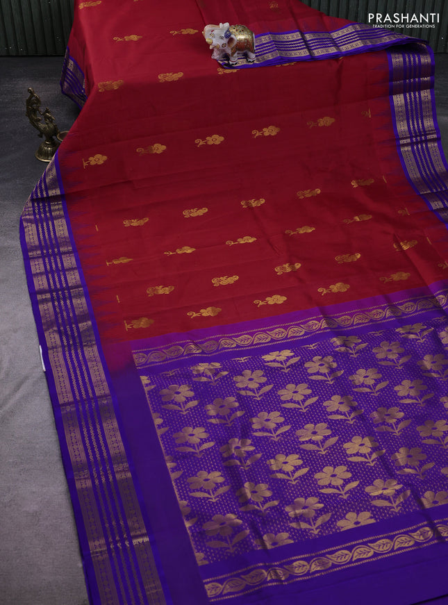 Kuppadam silk cotton saree red and blue with zari woven buttas and temple design zari woven border