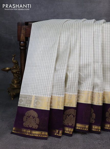 Kuppadam silk cotton saree cream and violet with allover thread woven checked pattern and rettapet zari woven border