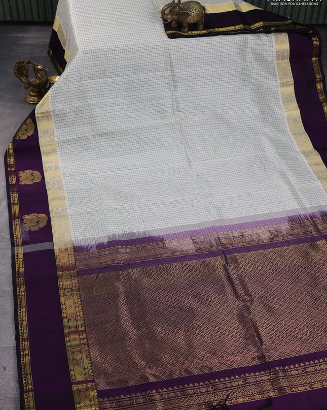 Kuppadam silk cotton saree cream and violet with allover thread woven checked pattern and rettapet zari woven border