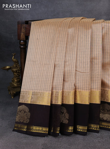 Kuppadam silk cotton saree sandal and coffee brown with allover thread woven checked pattern and rettapet zari woven border
