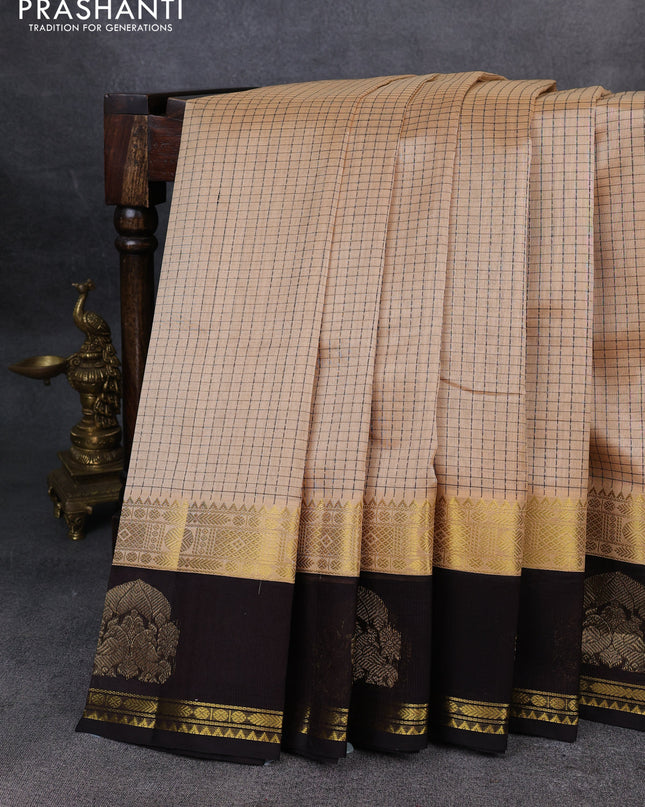 Kuppadam silk cotton saree sandal and coffee brown with allover thread woven checked pattern and rettapet zari woven border