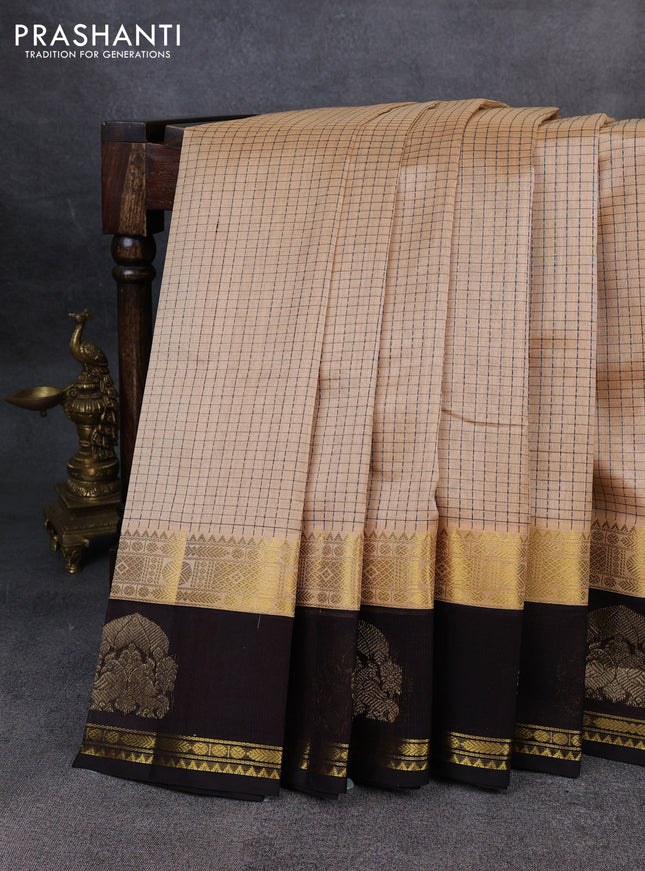 Kuppadam silk cotton saree sandal and coffee brown with allover thread woven checked pattern and rettapet zari woven border