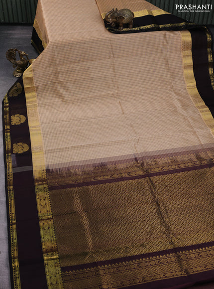 Kuppadam silk cotton saree sandal and coffee brown with allover thread woven checked pattern and rettapet zari woven border
