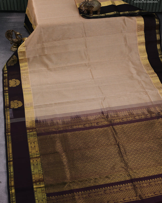 Kuppadam silk cotton saree sandal and coffee brown with allover thread woven checked pattern and rettapet zari woven border