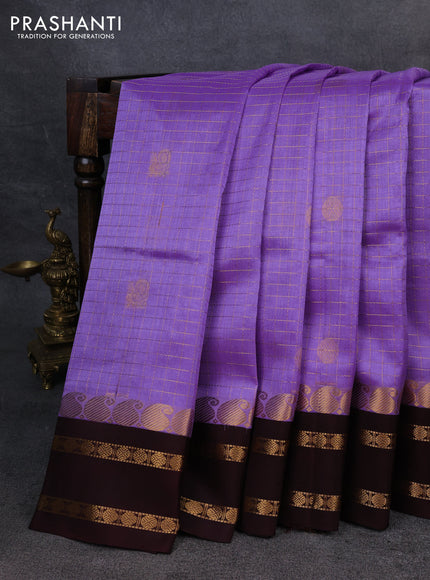 Kuppadam silk cotton saree lavender and coffee brown with allover zari checks & buttas and rettapet zari woven border