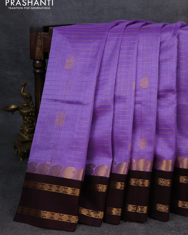 Kuppadam silk cotton saree lavender and coffee brown with allover zari checks & buttas and rettapet zari woven border
