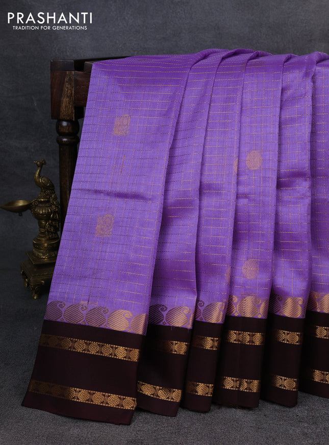 Kuppadam silk cotton saree lavender and coffee brown with allover zari checks & buttas and rettapet zari woven border