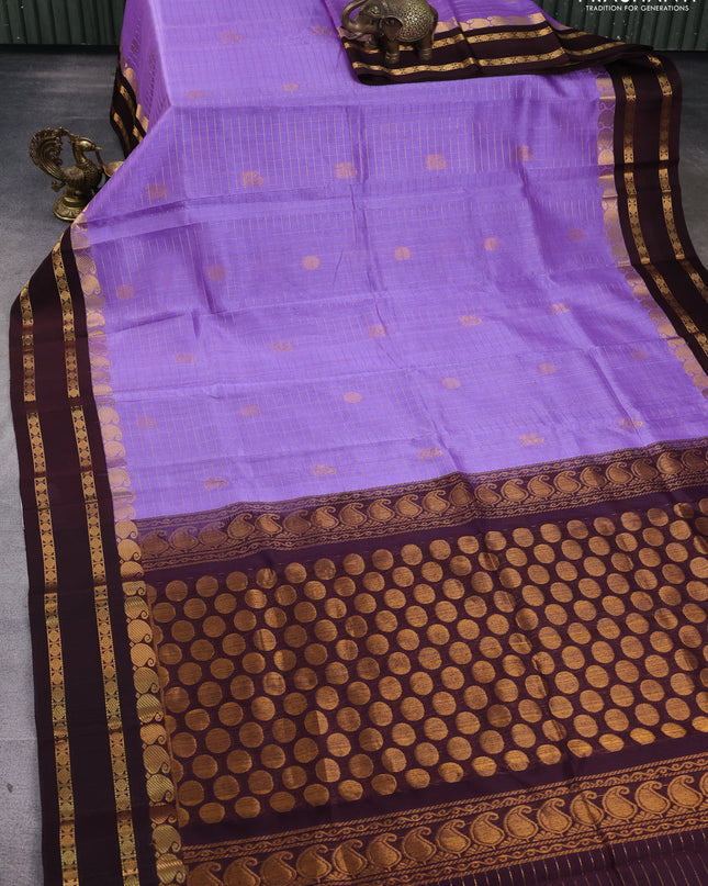 Kuppadam silk cotton saree lavender and coffee brown with allover zari checks & buttas and rettapet zari woven border