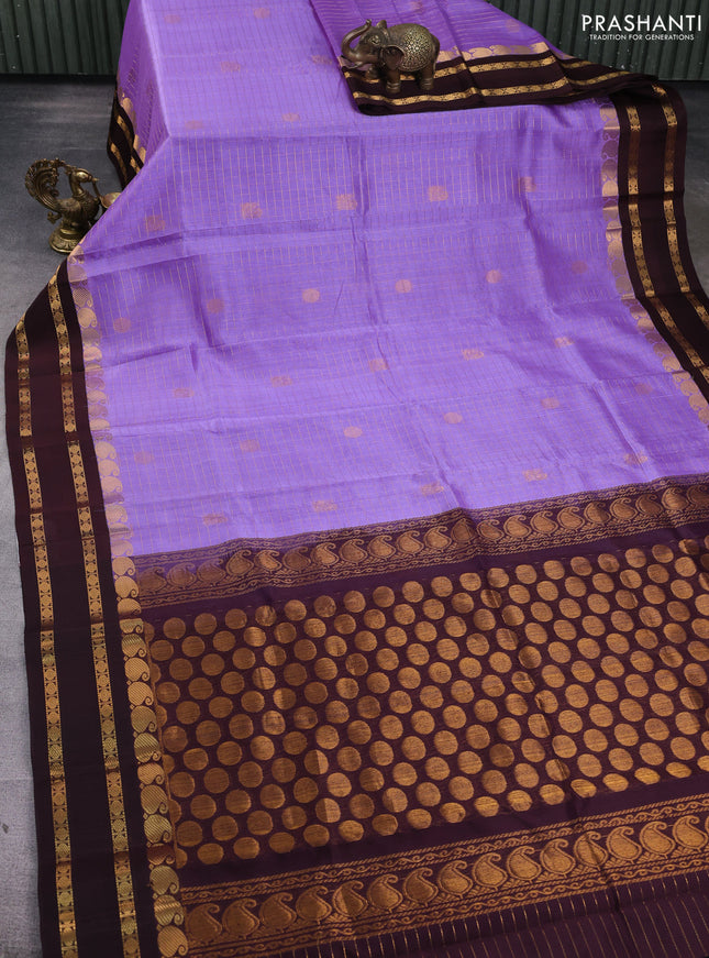 Kuppadam silk cotton saree lavender and coffee brown with allover zari checks & buttas and rettapet zari woven border